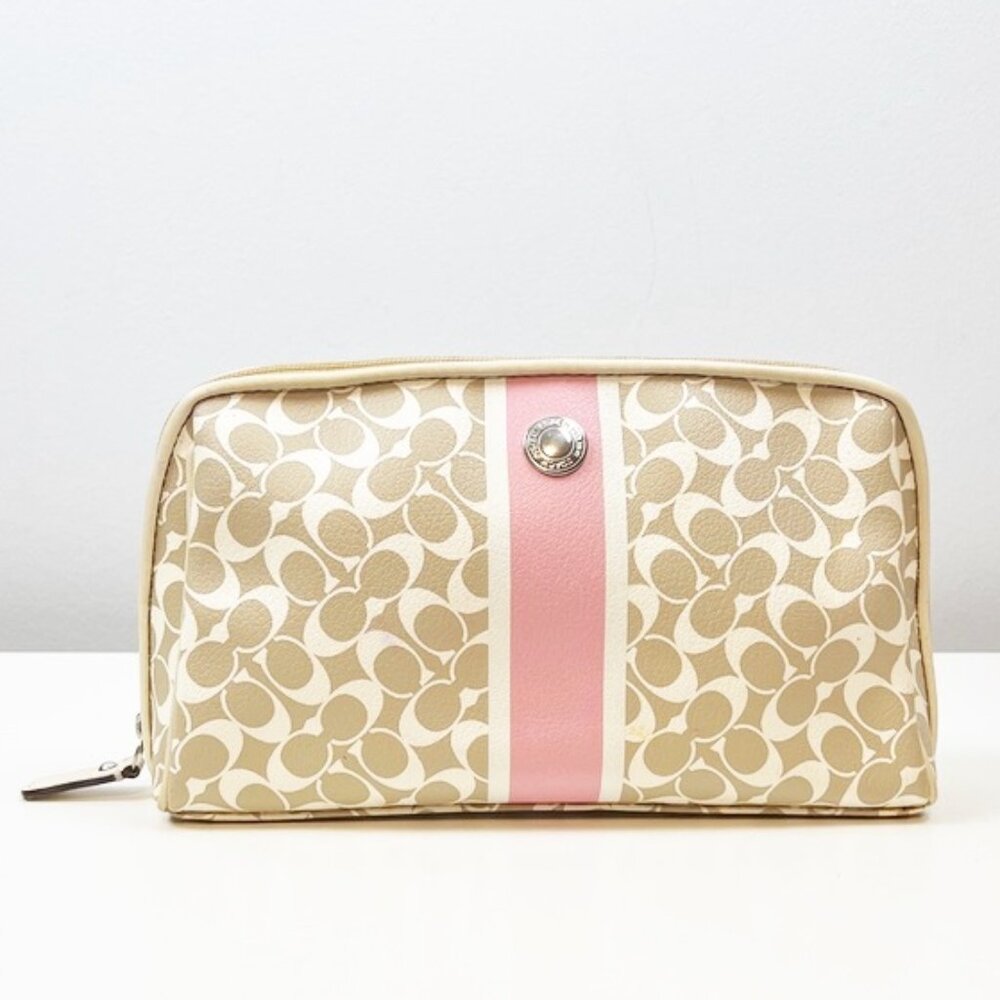 Coach Heritage Stripe Signature Logo Canvas Zip Toiletry Cosmetic Makeup Bag